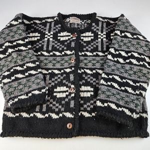 Vtg Rev Wear Nordic Fair Isle Button-Front Cardigan Sweater Black Knit 100% wool